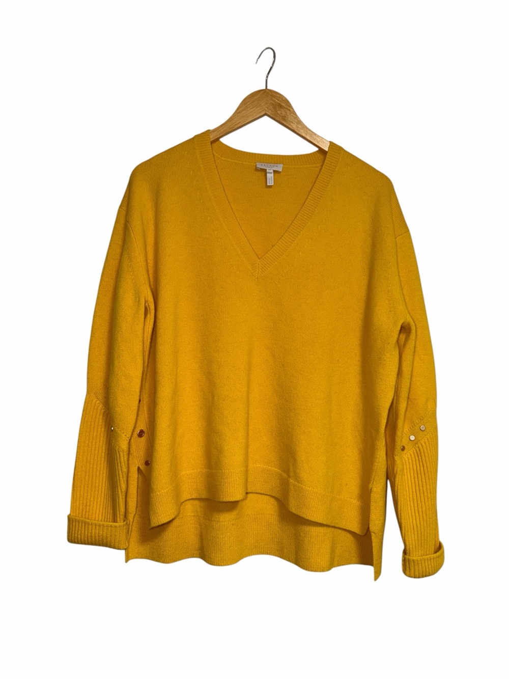 ESCADA Sport Soleil Yellow Wool & Cashmere V-Neck Studded Sweater, Size XL